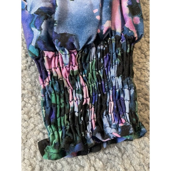 Disigual Floral Pleated Blouse S Blue Purple Long Sleeve Smocked Pullover Boho - Picture 6 of 12